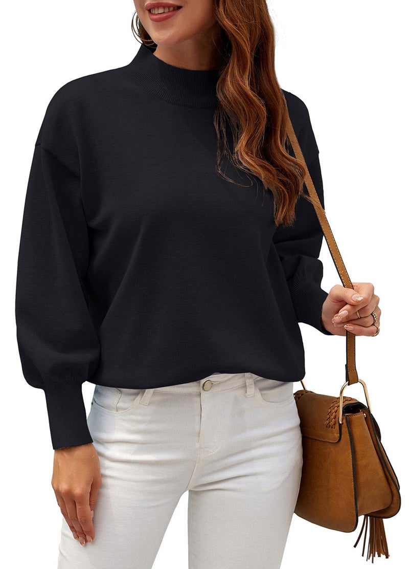 WEACZZY Black Sweaters for Women 2025 Dressy Casual Long Lantern Sleeve Oversized Pullover Sweater Knitted Fall Fashion Tops Black L - Image 2